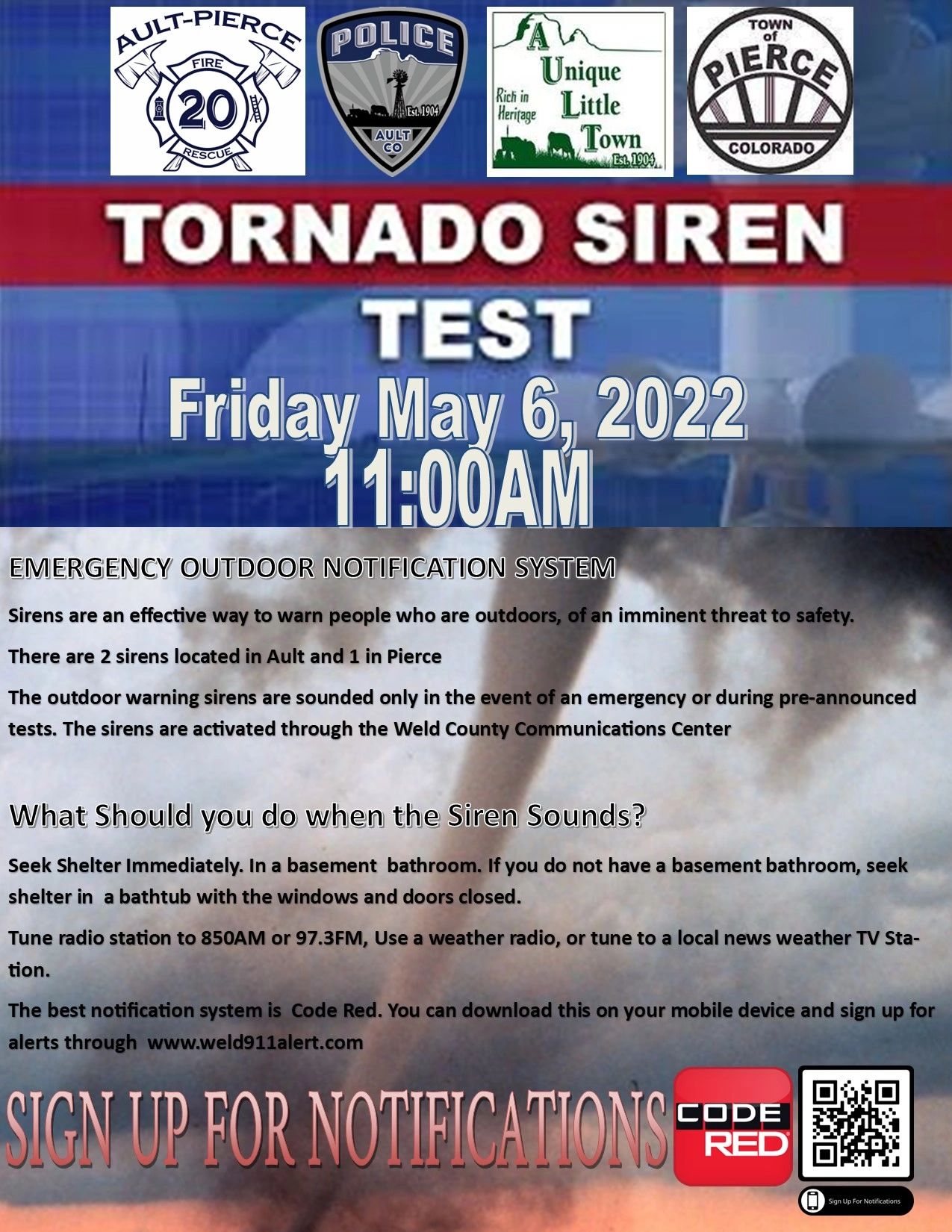 Tornado Siren Testing Friday May 6, 2022 1100AM